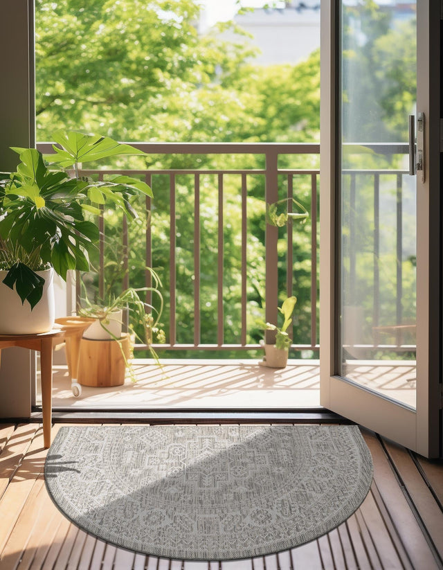 Light Gray 2' 7 x 4' 1 Outdoor Aztec Hearth Half-Round Semicircle Area Rug Weather Resistant for Patio, Deck, Terrace, Balcony, Porch 100% Polypropylene Traditional Carpet Mat for Sale at Rug Engine