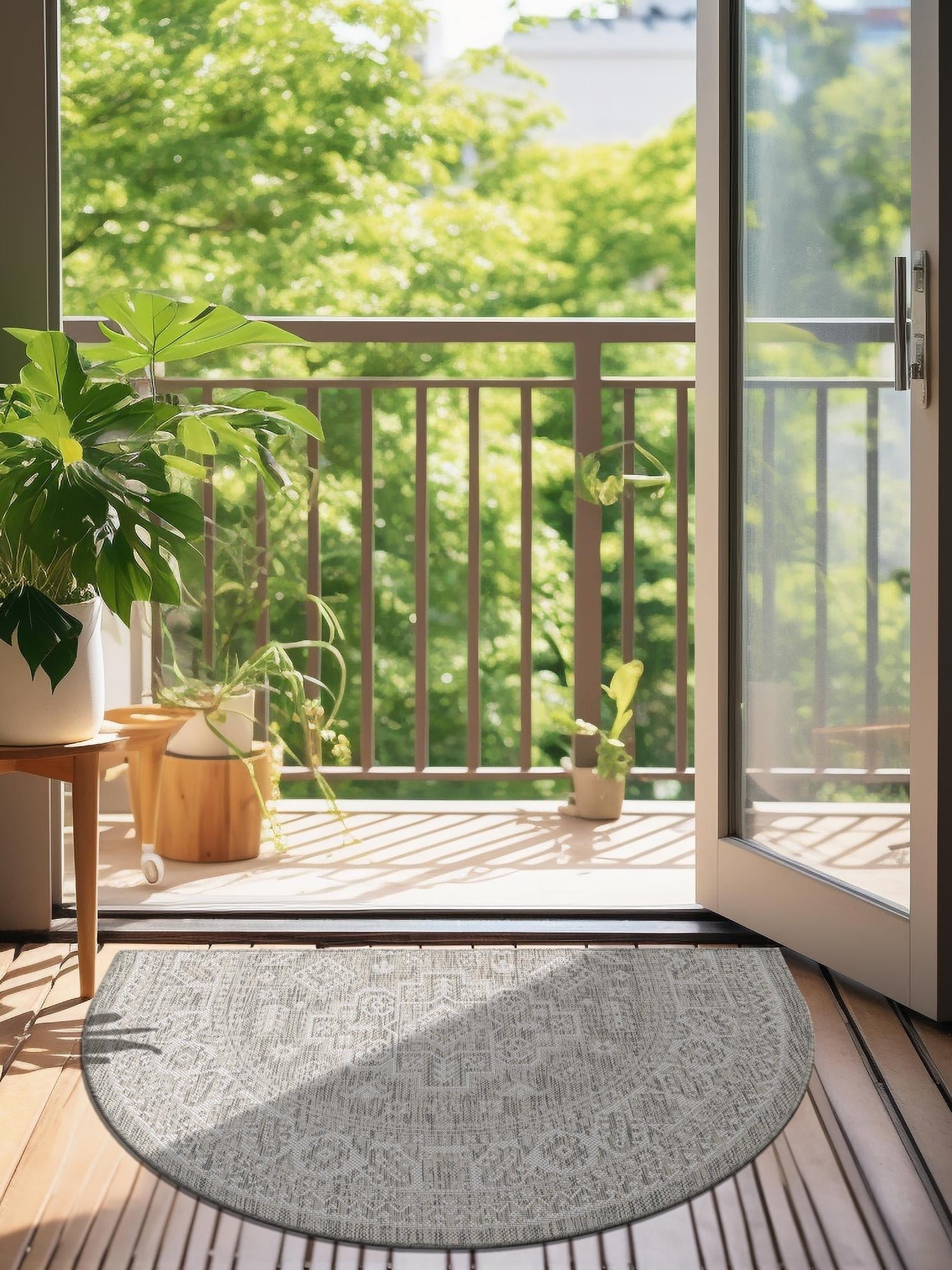 Light Gray 3' 1 x 6' 1 Outdoor Aztec Hearth Half-Round Semicircle Area Rug Weather Resistant for Patio, Deck, Terrace, Balcony, Porch 100% Polypropylene Traditional Carpet Mat for Sale at Rug Engine