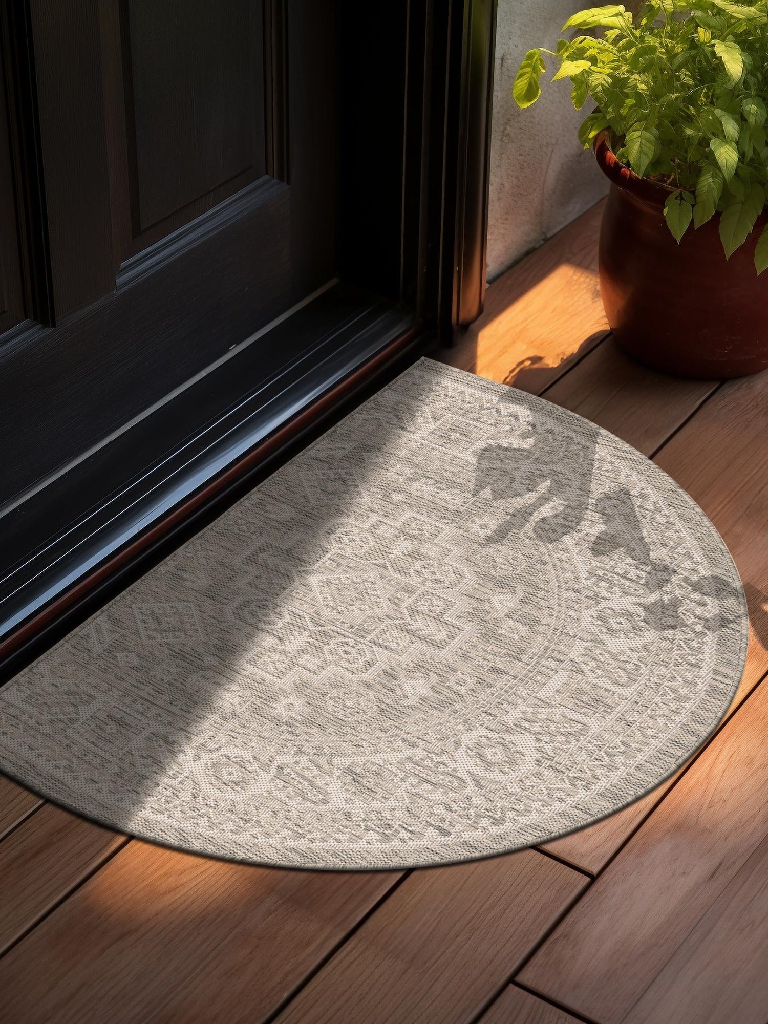 Light Gray 3' 1 x 6' 1 Outdoor Aztec Hearth Half-Round Semicircle Area Rug Weather Resistant for Patio, Deck, Terrace, Balcony, Porch 100% Polypropylene Traditional Carpet Mat for Sale at Rug Engine