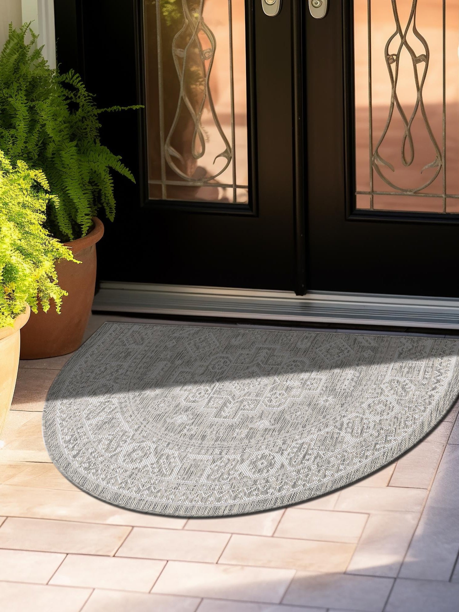 Light Gray 3' 1 x 6' 1 Outdoor Aztec Hearth Half-Round Semicircle Area Rug Weather Resistant for Patio, Deck, Terrace, Balcony, Porch 100% Polypropylene Traditional Carpet Mat for Sale at Rug Engine