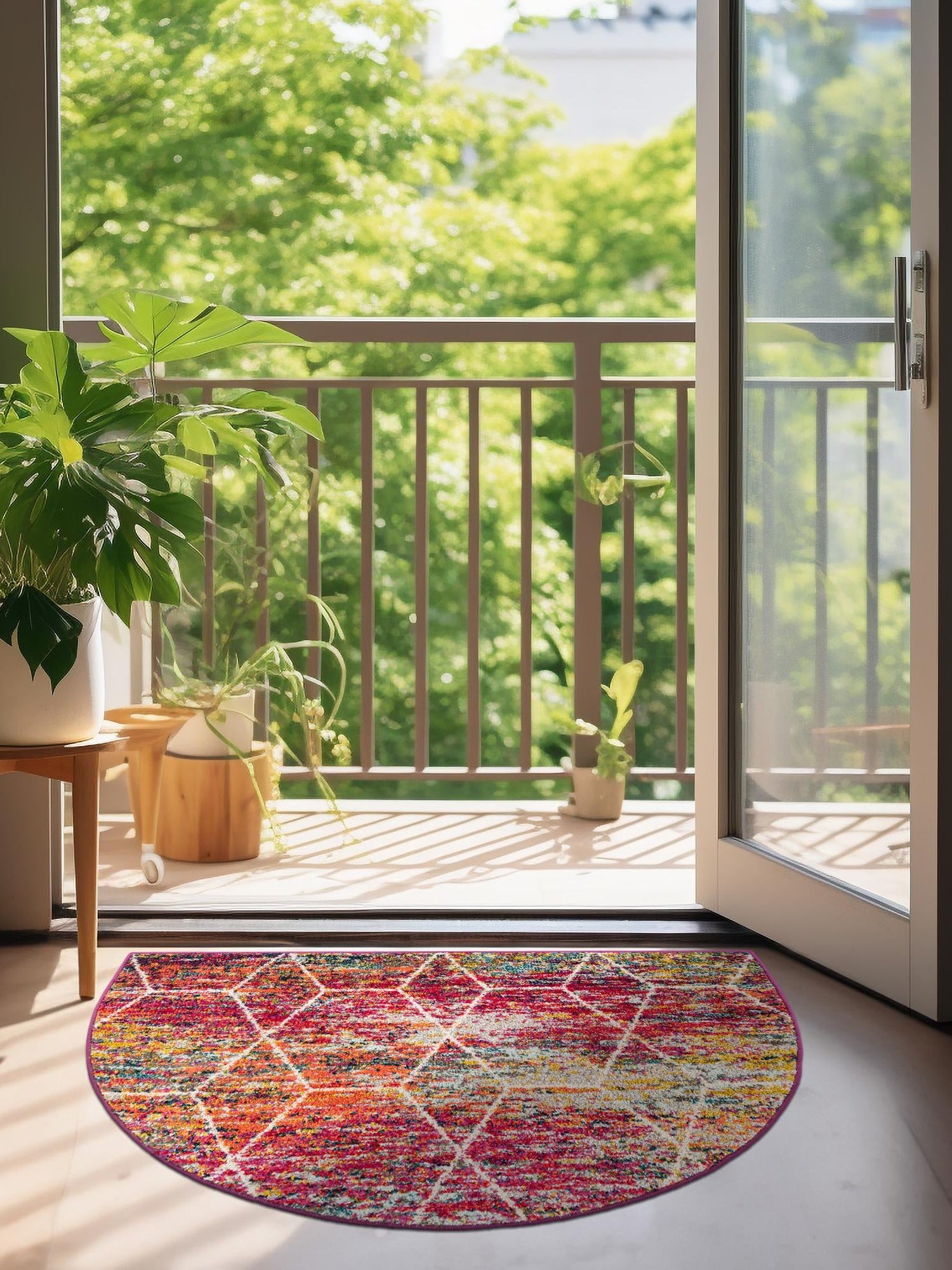 Multicolor 3' 1 x 6' 1 Trellis Frieze Hearth Half-Round Semicircle Area Rug Geometric Modern Unique Stain Resistant Easy Clean Carpet for Living, Dining, Bedrooms, Office for Sale at Rug Engine