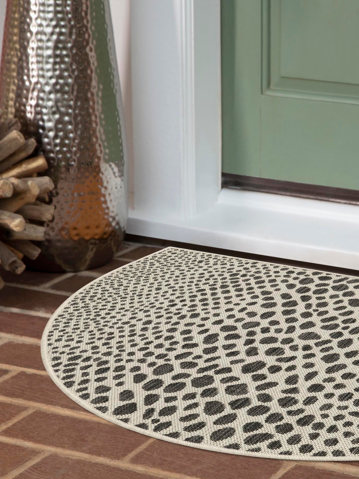 Black 2' 2 x 3' 7 Jill Zarin Outdoor Hearth Half-Round Semicircle Area Rug Weather Resistant for Patio, Deck, Terrace, Balcony, Porch Durable 100% Polypropylene Carpet for Outside for Sale at Rug Engine