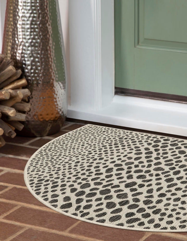 Black 2' 2 x 3' 7 Jill Zarin Outdoor Hearth Half-Round Semicircle Area Rug Weather Resistant for Patio, Deck, Terrace, Balcony, Porch Durable 100% Polypropylene Carpet for Outside for Sale at Rug Engine