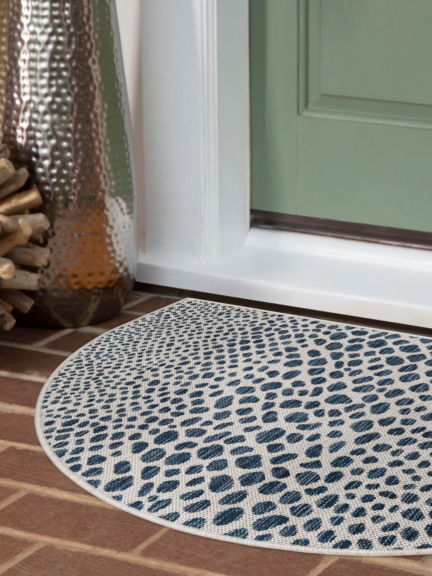 Blue 2' 7 x 4' 1 Jill Zarin Outdoor Hearth Half-Round Semicircle Area Rug Weather Resistant for Patio, Deck, Terrace, Balcony, Porch Durable 100% Polypropylene Carpet for Outside for Sale at Rug Engine