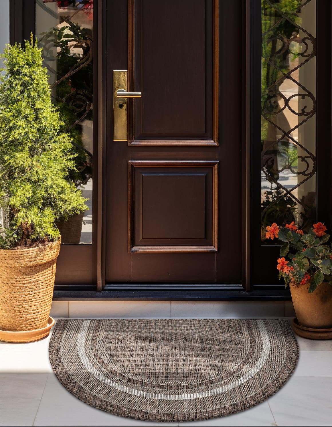 Brown 2' 7 x 4' 1 Outdoor Border Hearth Half-Round Semicircle Area Rug Weather Resistant for Patio, Deck, Terrace, Balcony, Porch 100% Polypropylene Classic Bordered Carpet for Sale at Rug Engine