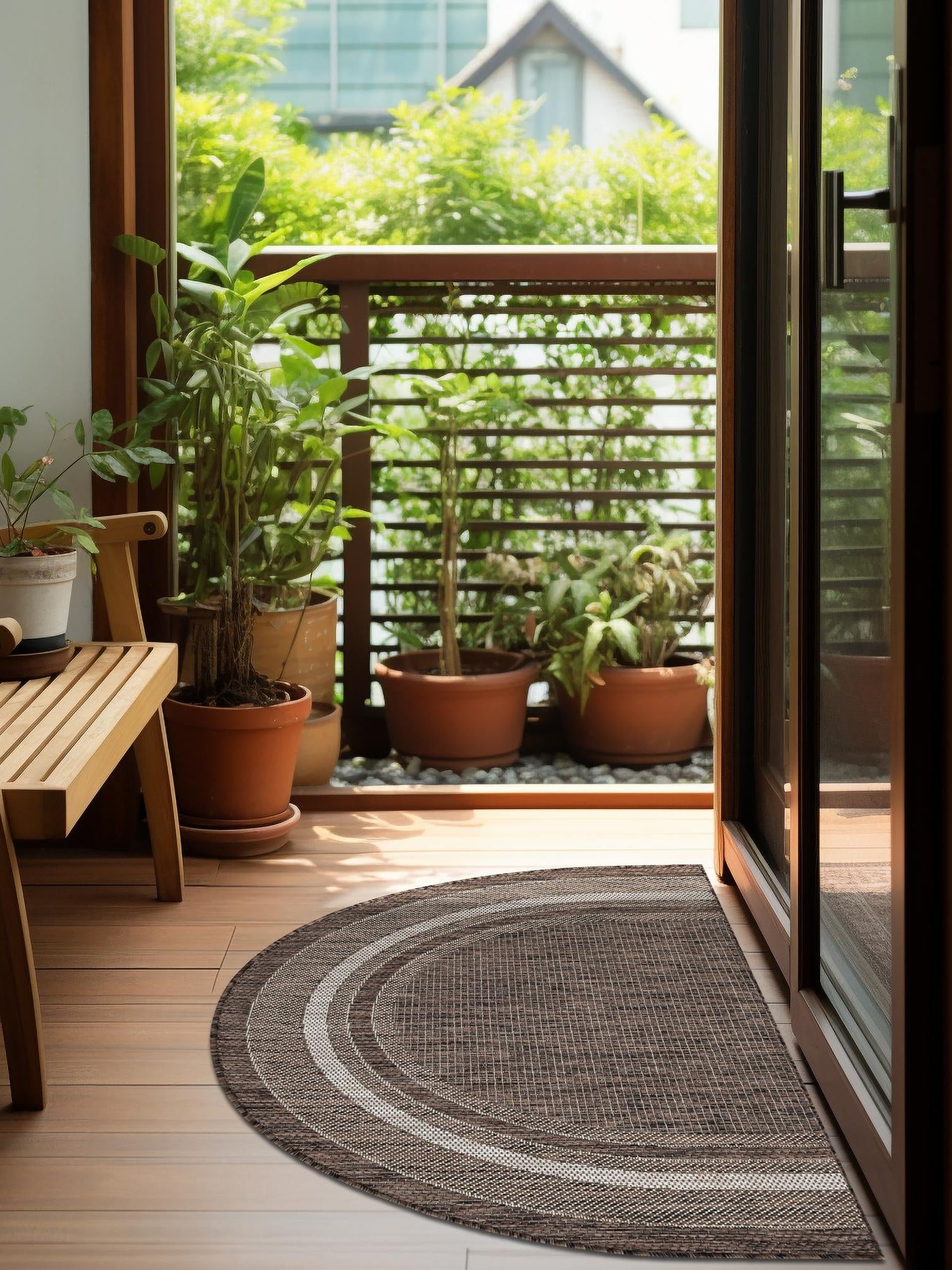 Brown 2' 7 x 4' 1 Outdoor Border Hearth Half-Round Semicircle Area Rug Weather Resistant for Patio, Deck, Terrace, Balcony, Porch 100% Polypropylene Classic Bordered Carpet for Sale at Rug Engine