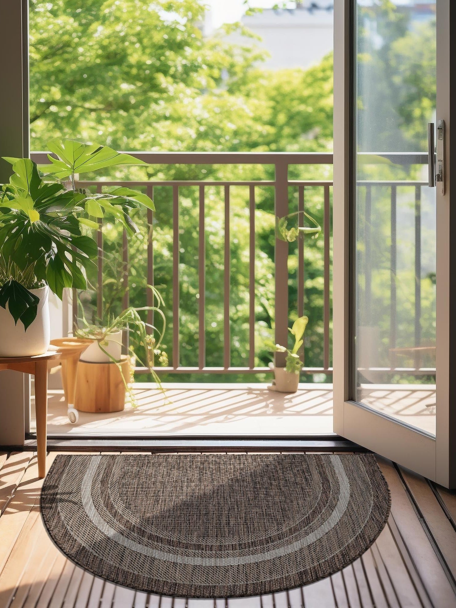 Brown 2' 7 x 4' 1 Outdoor Border Hearth Half-Round Semicircle Area Rug Weather Resistant for Patio, Deck, Terrace, Balcony, Porch 100% Polypropylene Classic Bordered Carpet for Sale at Rug Engine