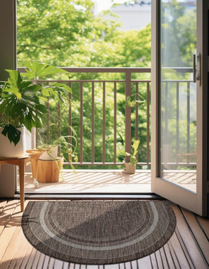 Brown 2' 7 x 4' 1 Outdoor Border Hearth Half-Round Semicircle Area Rug Weather Resistant for Patio, Deck, Terrace, Balcony, Porch 100% Polypropylene Classic Bordered Carpet for Sale at Rug Engine