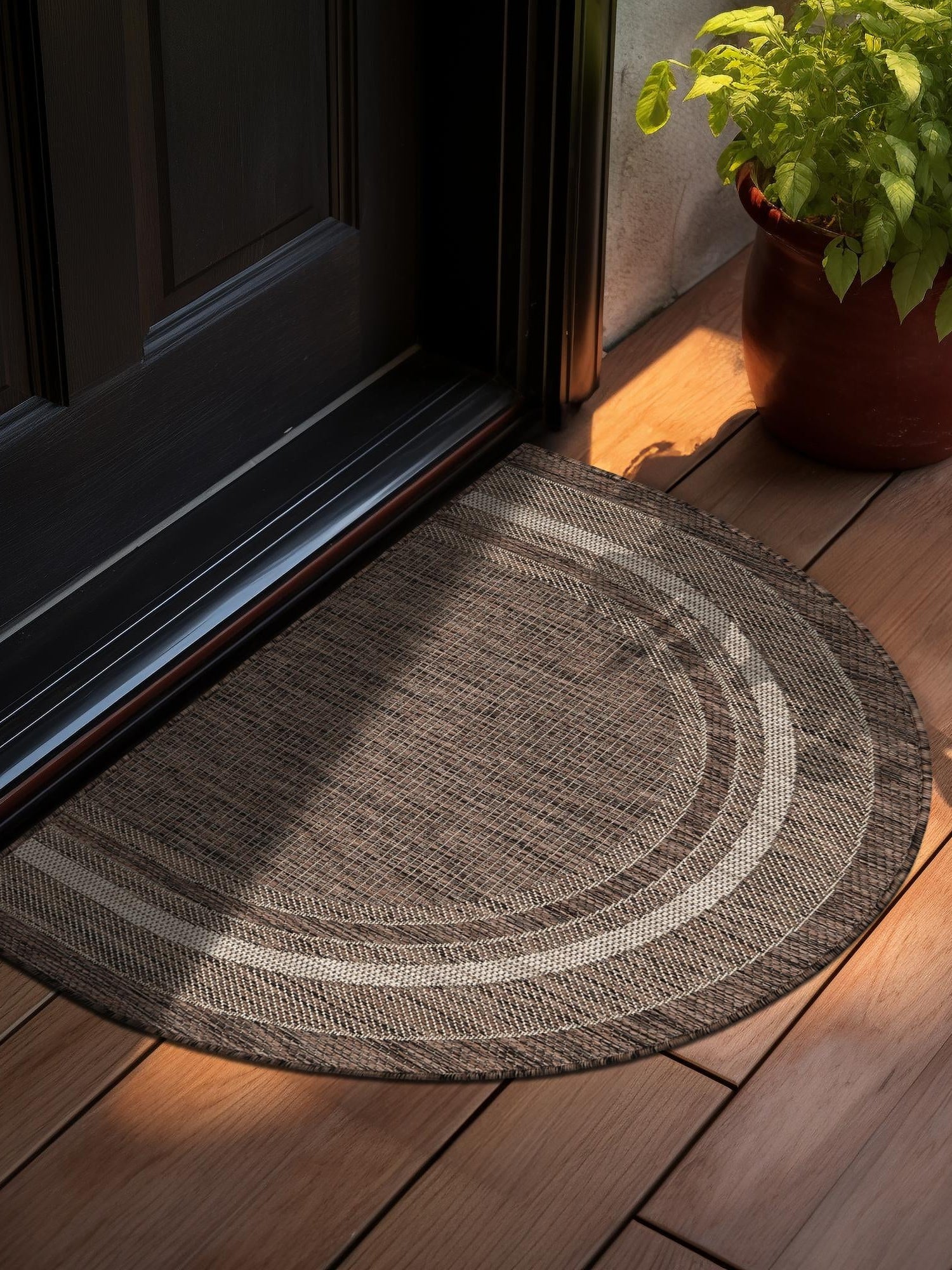 Brown 2' 7 x 4' 1 Outdoor Border Hearth Half-Round Semicircle Area Rug Weather Resistant for Patio, Deck, Terrace, Balcony, Porch 100% Polypropylene Classic Bordered Carpet for Sale at Rug Engine