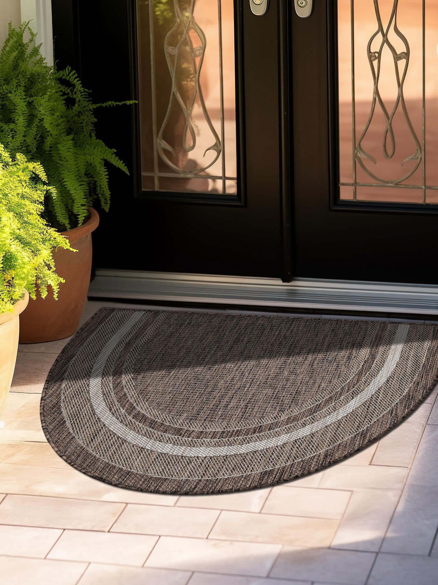 Brown 2' 7 x 4' 1 Outdoor Border Hearth Half-Round Semicircle Area Rug Weather Resistant for Patio, Deck, Terrace, Balcony, Porch 100% Polypropylene Classic Bordered Carpet for Sale at Rug Engine