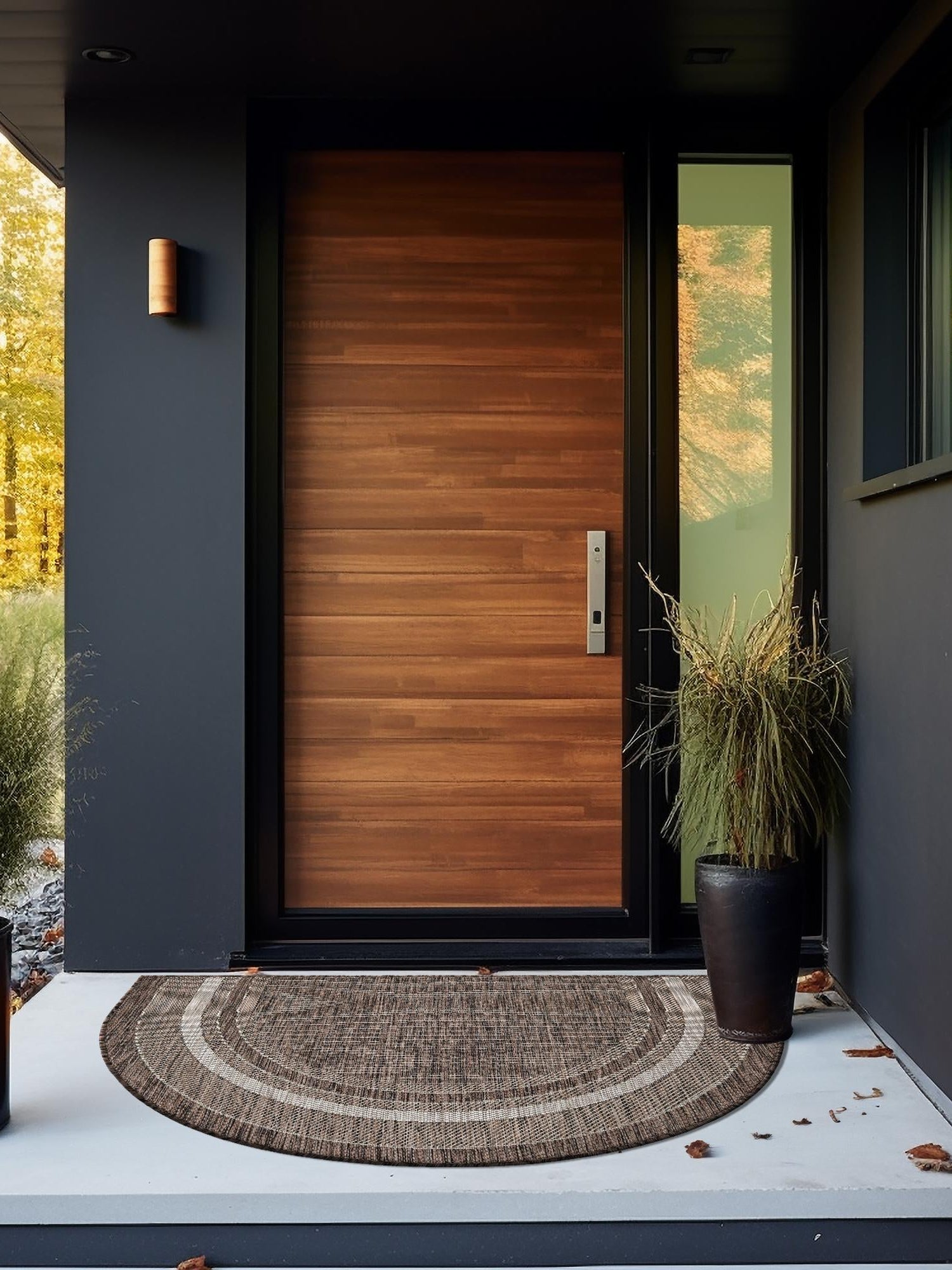 Brown 2' 7 x 4' 1 Outdoor Border Hearth Half-Round Semicircle Area Rug Weather Resistant for Patio, Deck, Terrace, Balcony, Porch 100% Polypropylene Classic Bordered Carpet for Sale at Rug Engine