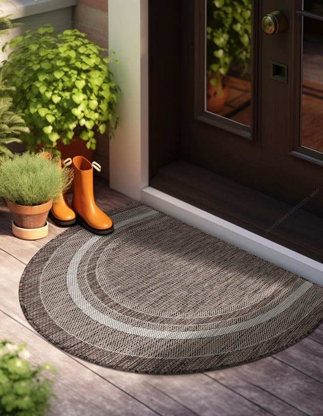 Brown 2' 7 x 4' 1 Outdoor Border Hearth Half-Round Semicircle Area Rug Weather Resistant for Patio, Deck, Terrace, Balcony, Porch 100% Polypropylene Classic Bordered Carpet for Sale at Rug Engine