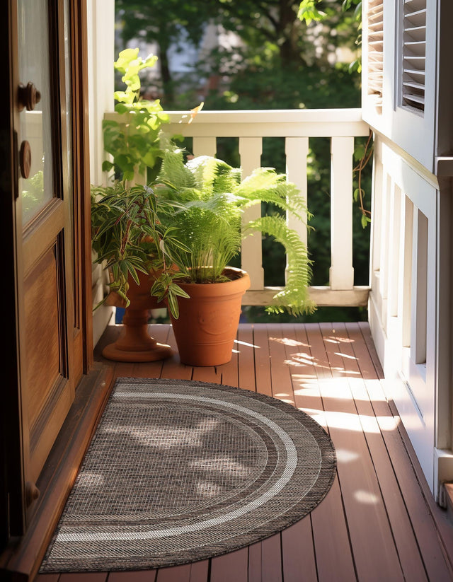 Brown 3' 1 x 6' 1 Outdoor Border Hearth Half-Round Semicircle Area Rug Weather Resistant for Patio, Deck, Terrace, Balcony, Porch 100% Polypropylene Classic Bordered Carpet for Sale at Rug Engine