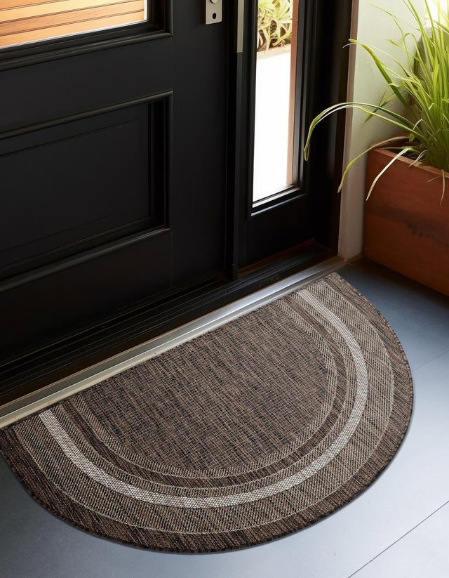 Brown 3' 1 x 6' 1 Outdoor Border Hearth Half-Round Semicircle Area Rug Weather Resistant for Patio, Deck, Terrace, Balcony, Porch 100% Polypropylene Classic Bordered Carpet for Sale at Rug Engine