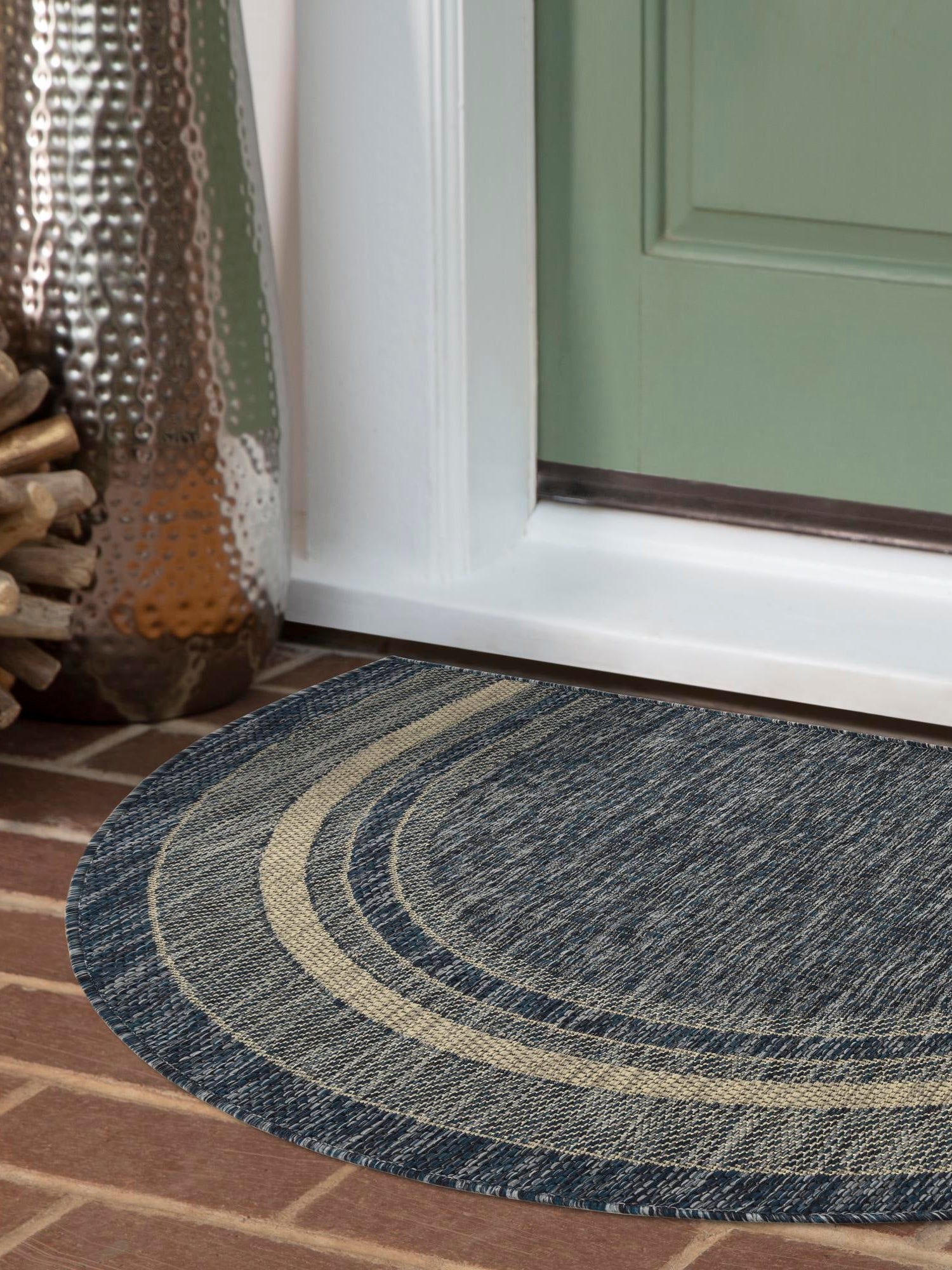 Blue 3' 1 x 6' 1 Outdoor Border Hearth Half-Round Semicircle Area Rug Weather Resistant for Patio, Deck, Terrace, Balcony, Porch 100% Polypropylene Classic Bordered Carpet for Sale at Rug Engine