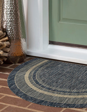 Blue 3' 1 x 6' 1 Outdoor Border Hearth Half-Round Semicircle Area Rug Weather Resistant for Patio, Deck, Terrace, Balcony, Porch 100% Polypropylene Classic Bordered Carpet for Sale at Rug Engine