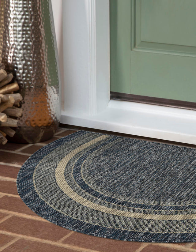 Blue 3' 1 x 6' 1 Outdoor Border Hearth Half-Round Semicircle Area Rug Weather Resistant for Patio, Deck, Terrace, Balcony, Porch 100% Polypropylene Classic Bordered Carpet for Sale at Rug Engine