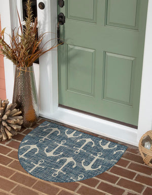 Blue 2' 7 x 4' 1 Outdoor Coastal Hearth Half-Round Semicircle Area Rug Weather Resistant for Patio, Deck, Terrace, Balcony, Porch 100% Polypropylene Coastal Decor Carpet for Sale at Rug Engine