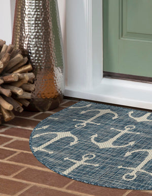 Blue 2' 7 x 4' 1 Outdoor Coastal Hearth Half-Round Semicircle Area Rug Weather Resistant for Patio, Deck, Terrace, Balcony, Porch 100% Polypropylene Coastal Decor Carpet for Sale at Rug Engine