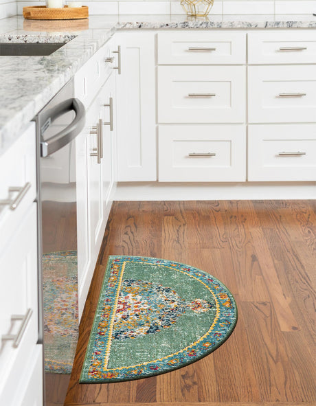 Green 3' 1 x 6' 1 Penrose Hearth Half-Round Semicircle Area Rug Classic Durable Stain Resistant Easy Clean Carpet for Traditional Indoor Home Decor for Sale at Rug Engine