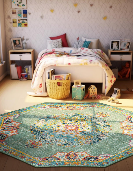 Green 7' 10 x 7' 10 Penrose Octagon Area Rug Classic Durable Stain Resistant Easy Clean Carpet for Traditional Indoor Home Decor for Sale at Rug Engine