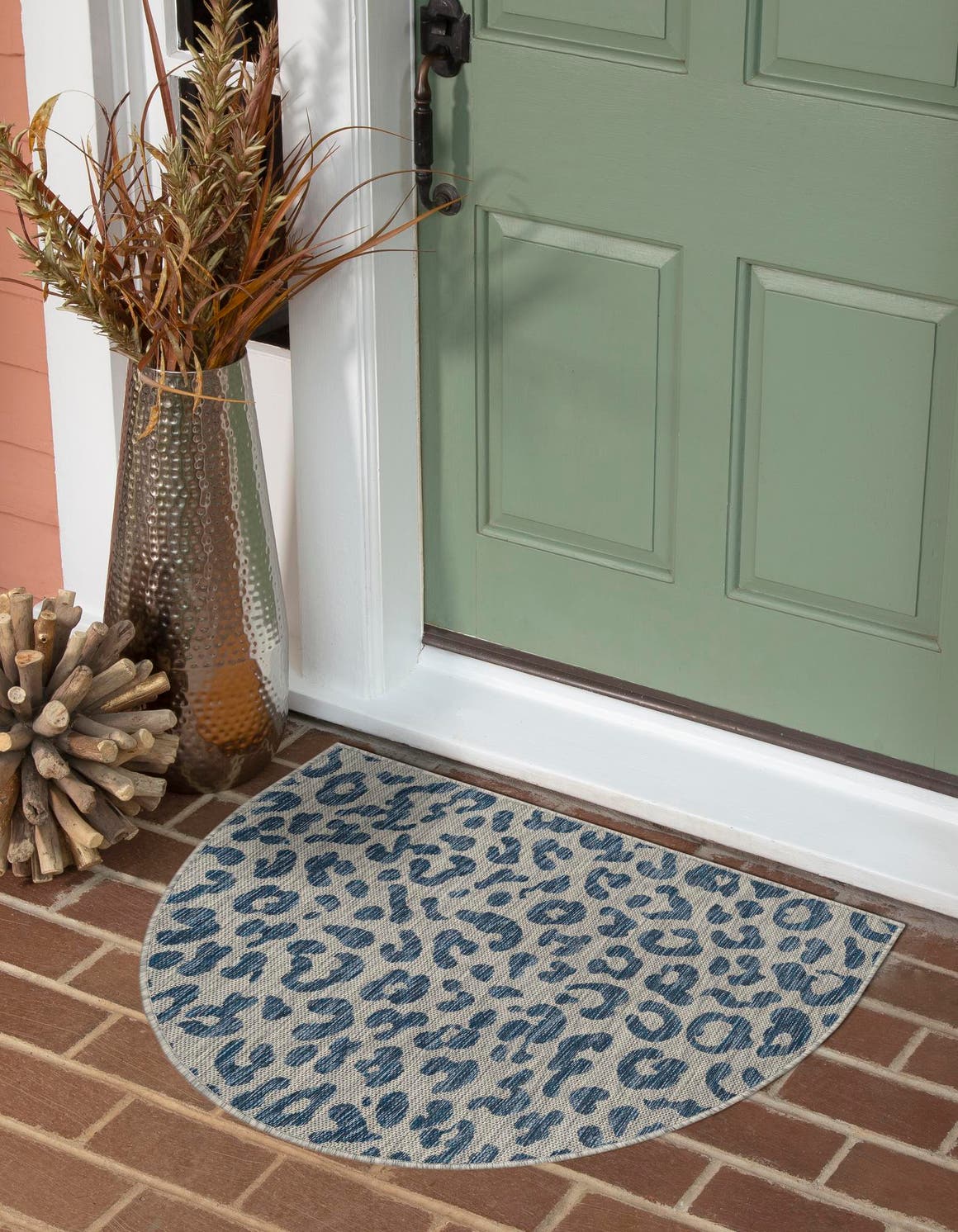 Blue 2' 2 x 3' 7 Outdoor Safari Hearth Half-Round Semicircle Area Rug Weather Resistant for Patio, Deck, Terrace, Balcony, Porch Animal Print Wildlife Nature Carpet for Sale at Rug Engine