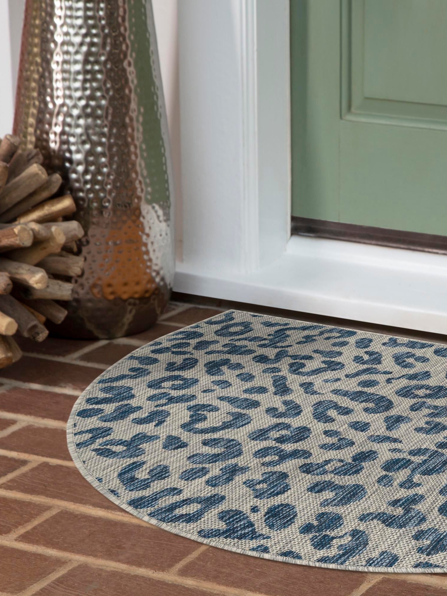 Blue 2' 2 x 3' 7 Outdoor Safari Hearth Half-Round Semicircle Area Rug Weather Resistant for Patio, Deck, Terrace, Balcony, Porch Animal Print Wildlife Nature Carpet for Sale at Rug Engine