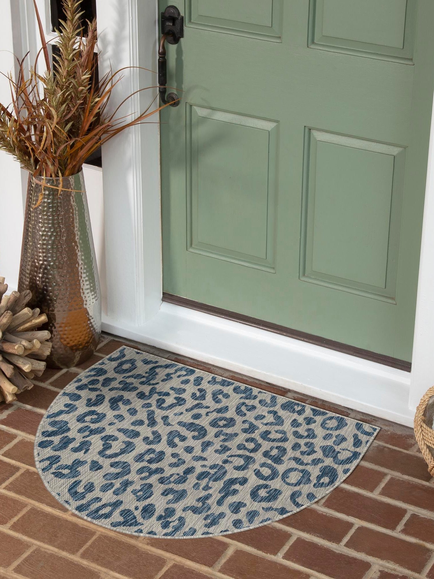 Blue 2' 7 x 4' 1 Outdoor Safari Hearth Half-Round Semicircle Area Rug Weather Resistant for Patio, Deck, Terrace, Balcony, Porch Animal Print Wildlife Nature Carpet for Sale at Rug Engine