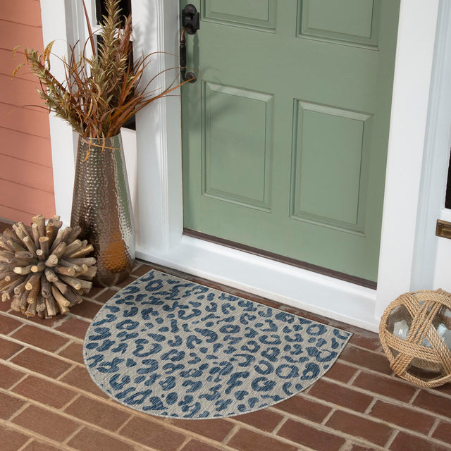 Blue 2' 7 x 4' 1 Outdoor Safari Hearth Half-Round Semicircle Area Rug Weather Resistant for Patio, Deck, Terrace, Balcony, Porch Animal Print Wildlife Nature Carpet for Sale at Rug Engine