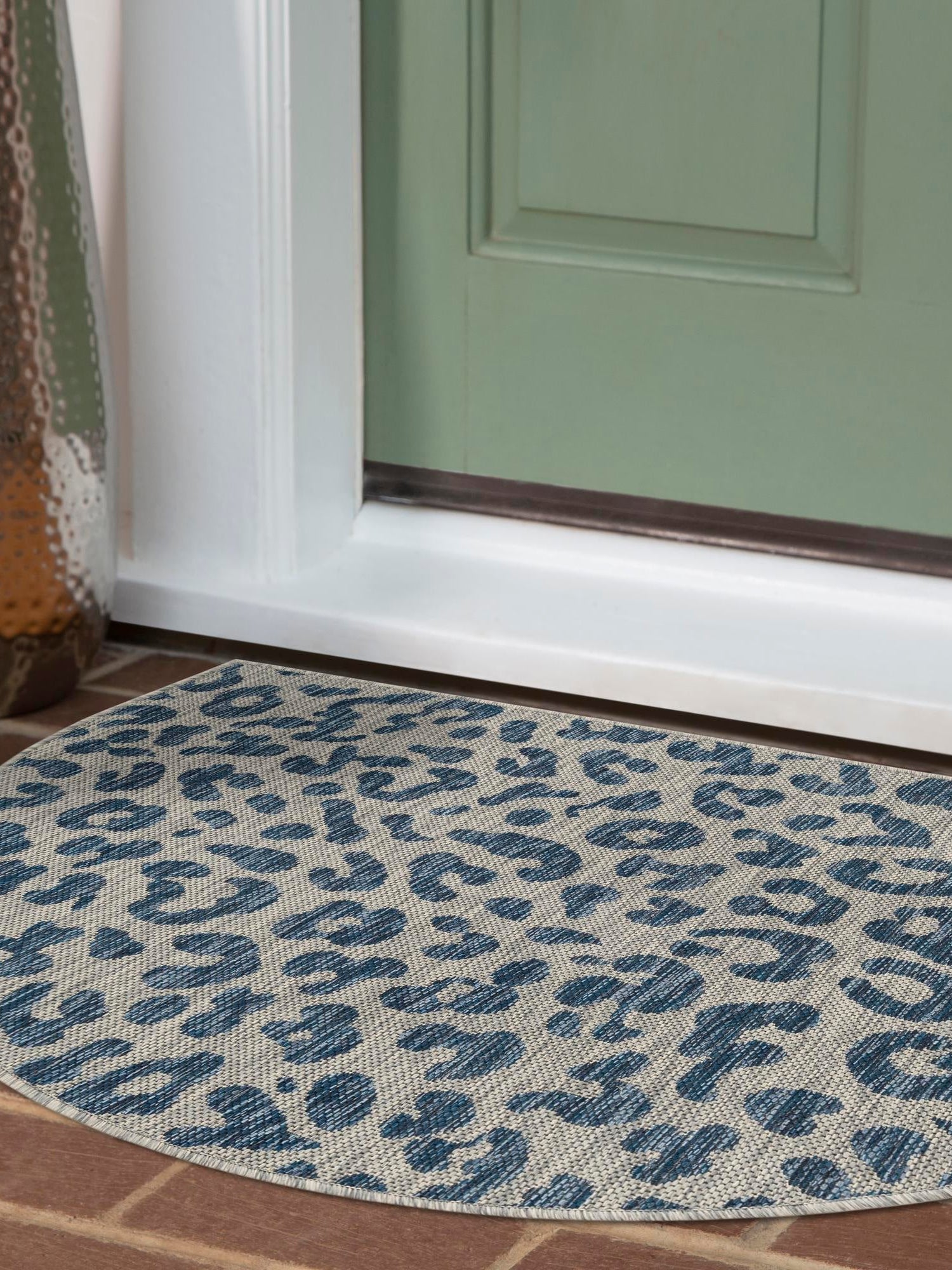 Blue 2' 7 x 4' 1 Outdoor Safari Hearth Half-Round Semicircle Area Rug Weather Resistant for Patio, Deck, Terrace, Balcony, Porch Animal Print Wildlife Nature Carpet for Sale at Rug Engine