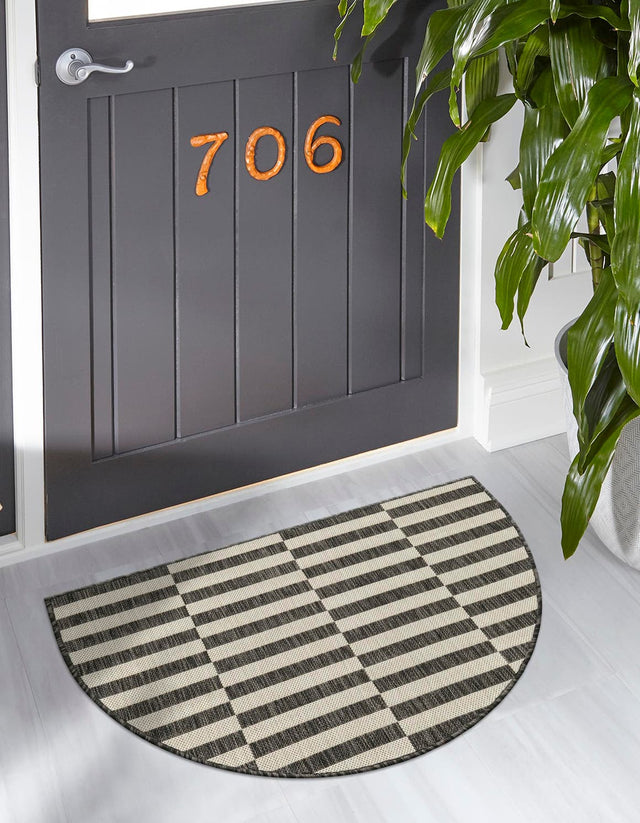 Charcoal 2' 2 x 3' 7 Outdoor Striped Hearth Half-Round Semicircle Area Rug Weather Resistant for Patio, Deck, Terrace, Balcony, Porch Geometric Pattern Waterproof Carpet for Sale at Rug Engine