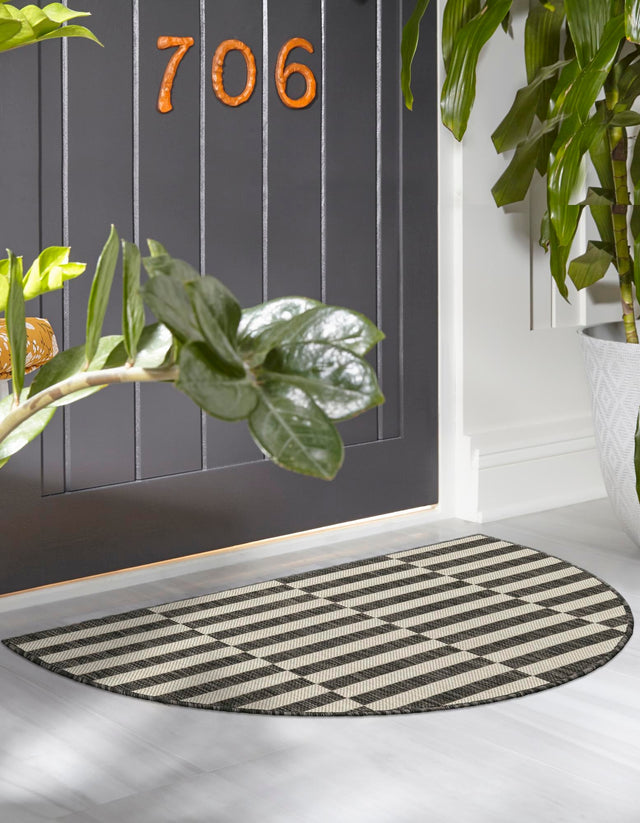 Charcoal 2' 2 x 3' 7 Outdoor Striped Hearth Half-Round Semicircle Area Rug Weather Resistant for Patio, Deck, Terrace, Balcony, Porch Geometric Pattern Waterproof Carpet for Sale at Rug Engine