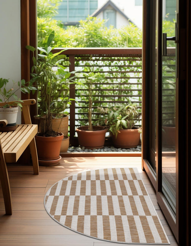 Taupe 2' 2 x 3' 7 Outdoor Striped Hearth Half-Round Semicircle Area Rug Weather Resistant for Patio, Deck, Terrace, Balcony, Porch Geometric Pattern Waterproof Carpet for Sale at Rug Engine