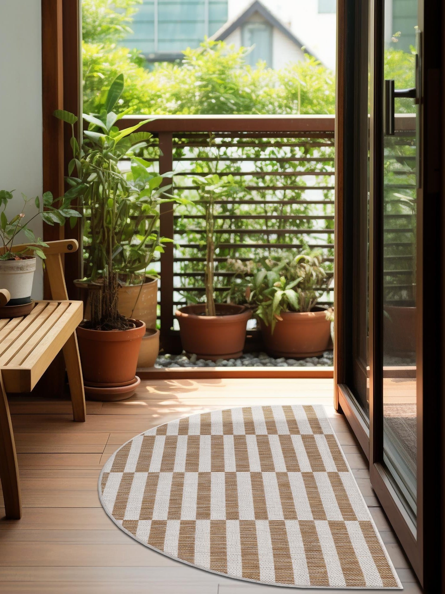 Taupe 3' 1 x 6' 1 Outdoor Striped Hearth Area Rug Weather Resistant for Patio, Deck, Terrace, Balcony, Porch