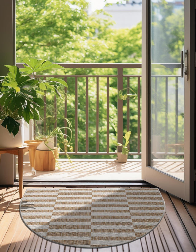 Taupe 2' 2 x 3' 7 Outdoor Striped Hearth Half-Round Semicircle Area Rug Weather Resistant for Patio, Deck, Terrace, Balcony, Porch Geometric Pattern Waterproof Carpet for Sale at Rug Engine