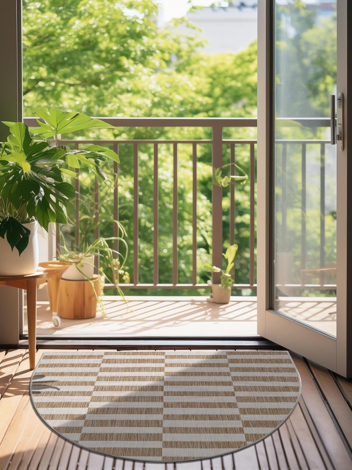 Taupe 3' 1 x 6' 1 Outdoor Striped Hearth Area Rug Weather Resistant for Patio, Deck, Terrace, Balcony, Porch