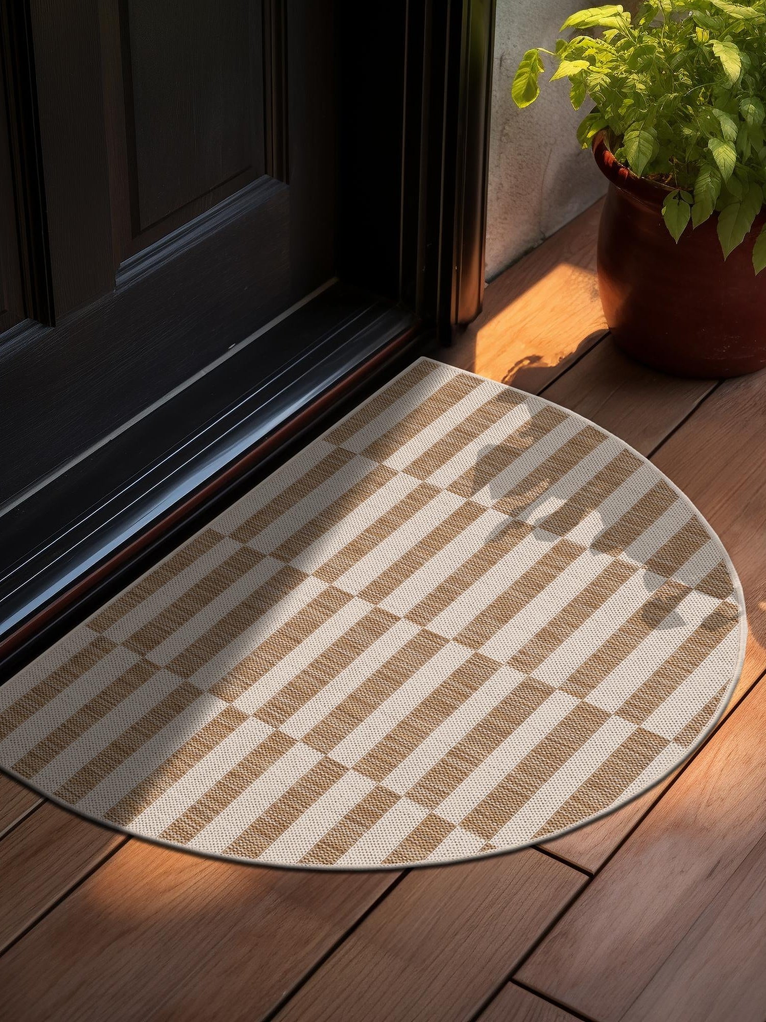 Taupe 3' 1 x 6' 1 Outdoor Striped Hearth Area Rug Weather Resistant for Patio, Deck, Terrace, Balcony, Porch