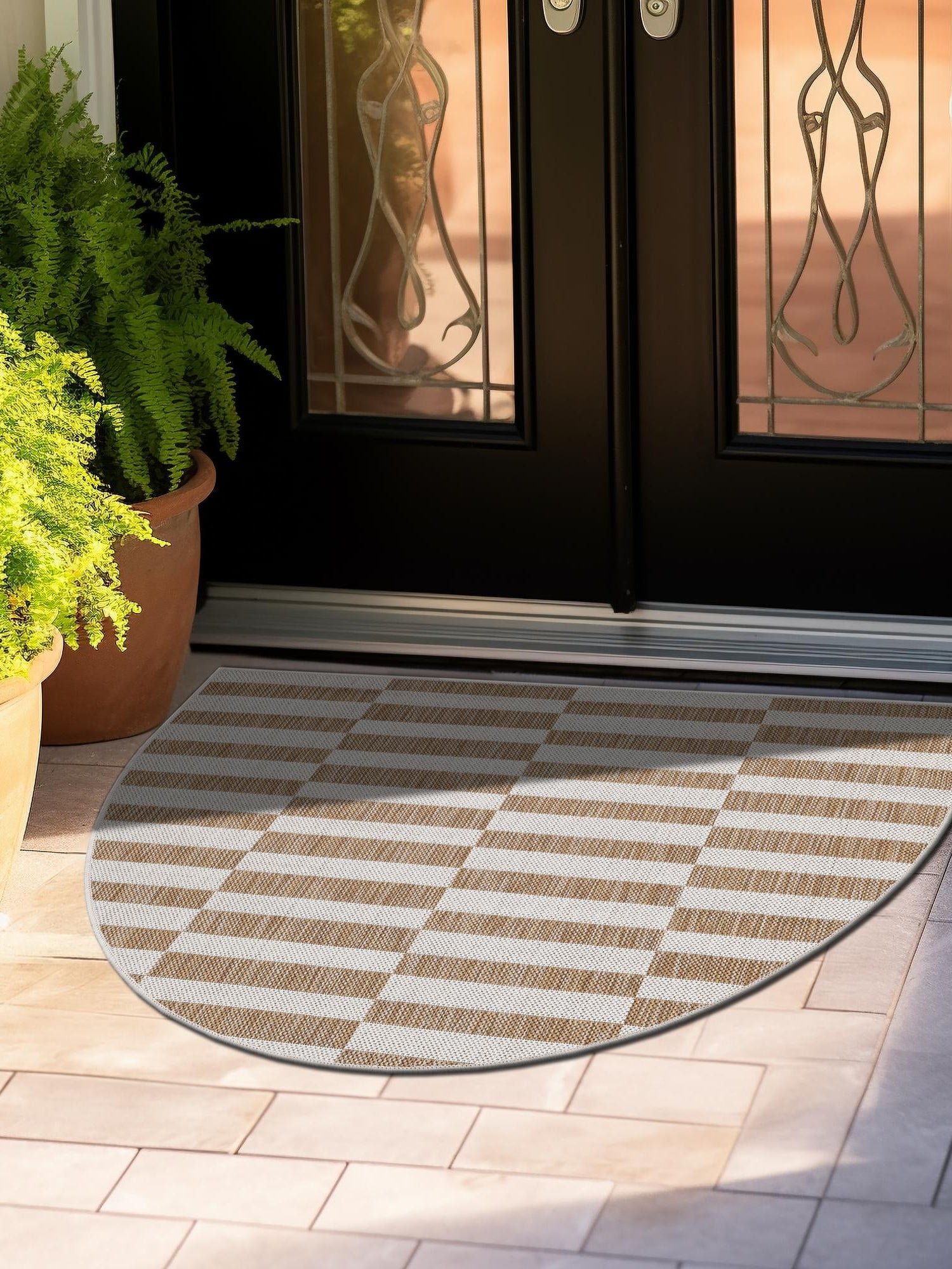 Taupe 3' 1 x 6' 1 Outdoor Striped Hearth Area Rug Weather Resistant for Patio, Deck, Terrace, Balcony, Porch