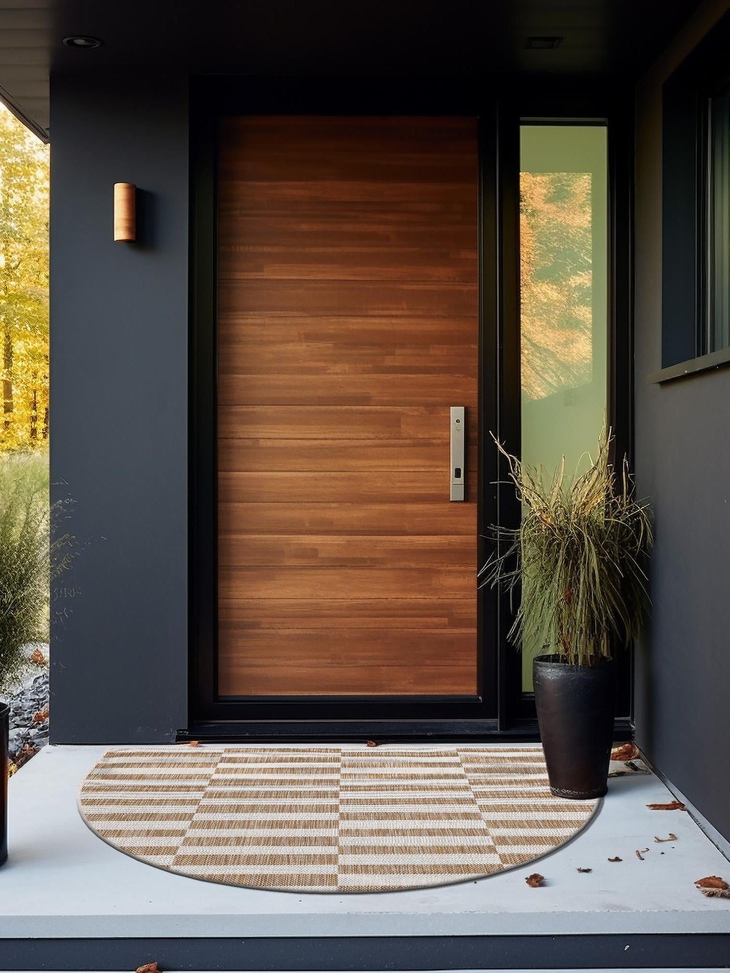 Taupe 3' 1 x 6' 1 Outdoor Striped Hearth Area Rug Weather Resistant for Patio, Deck, Terrace, Balcony, Porch