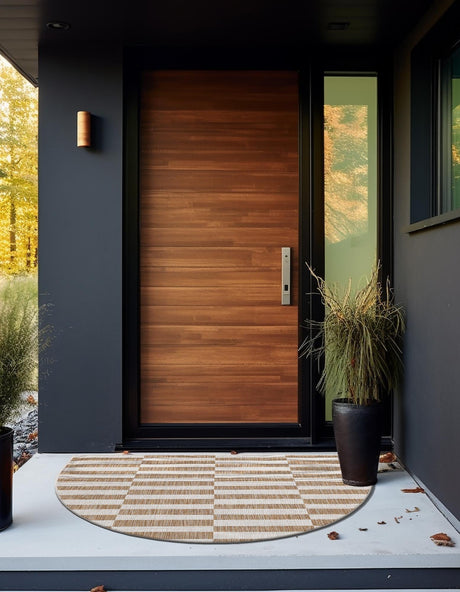 Taupe 3' 1 x 6' 1 Outdoor Striped Hearth Half-Round Semicircle Area Rug Weather Resistant for Patio, Deck, Terrace, Balcony, Porch Geometric Pattern Waterproof Carpet for Sale at Rug Engine