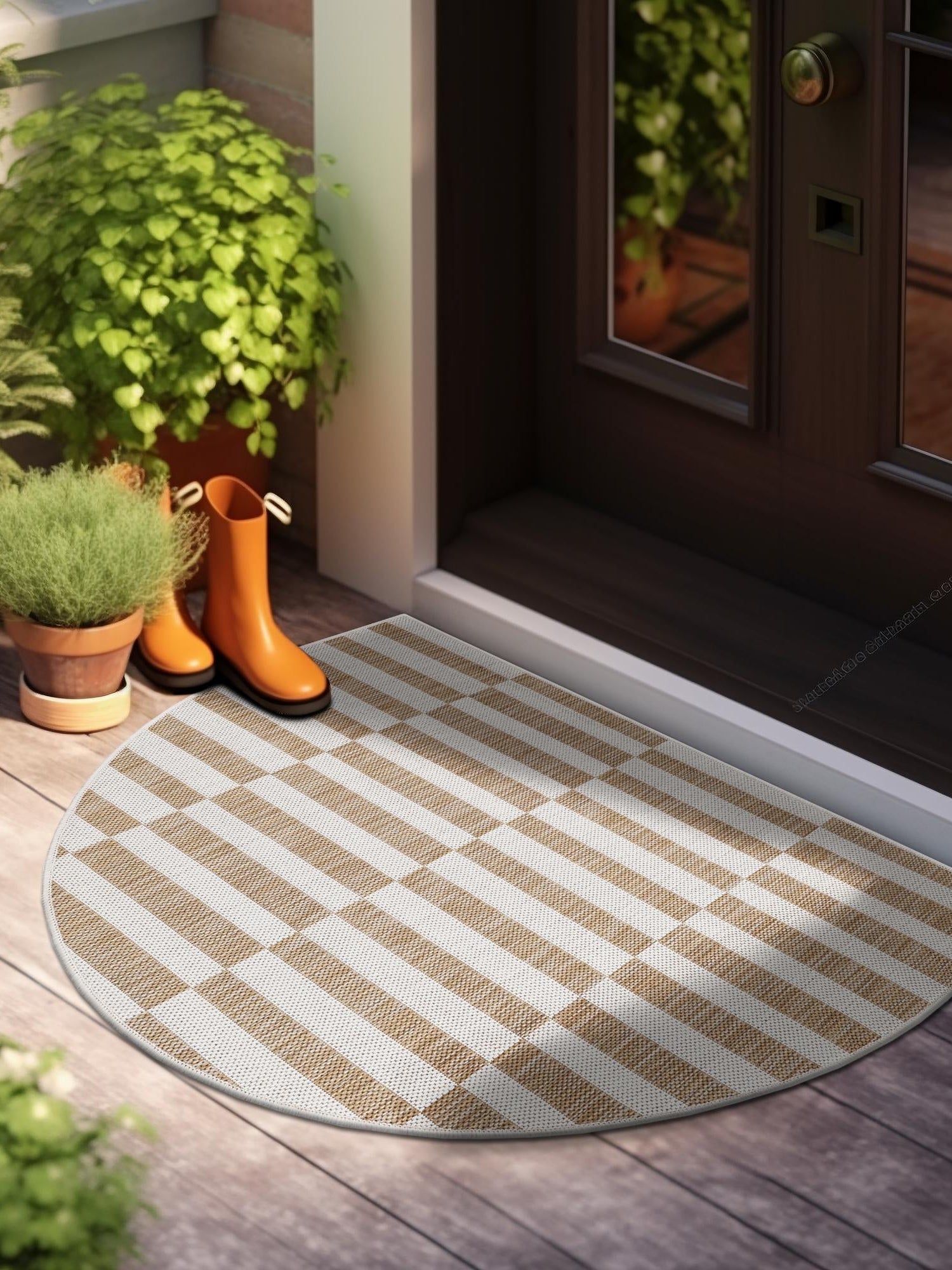 Taupe 2' 7 x 4' 1 Outdoor Striped Hearth Half-Round Semicircle Area Rug Weather Resistant for Patio, Deck, Terrace, Balcony, Porch Geometric Pattern Waterproof Carpet for Sale at Rug Engine