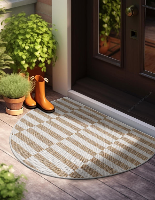 Taupe 2' 7 x 4' 1 Outdoor Striped Hearth Half-Round Semicircle Area Rug Weather Resistant for Patio, Deck, Terrace, Balcony, Porch Geometric Pattern Waterproof Carpet for Sale at Rug Engine
