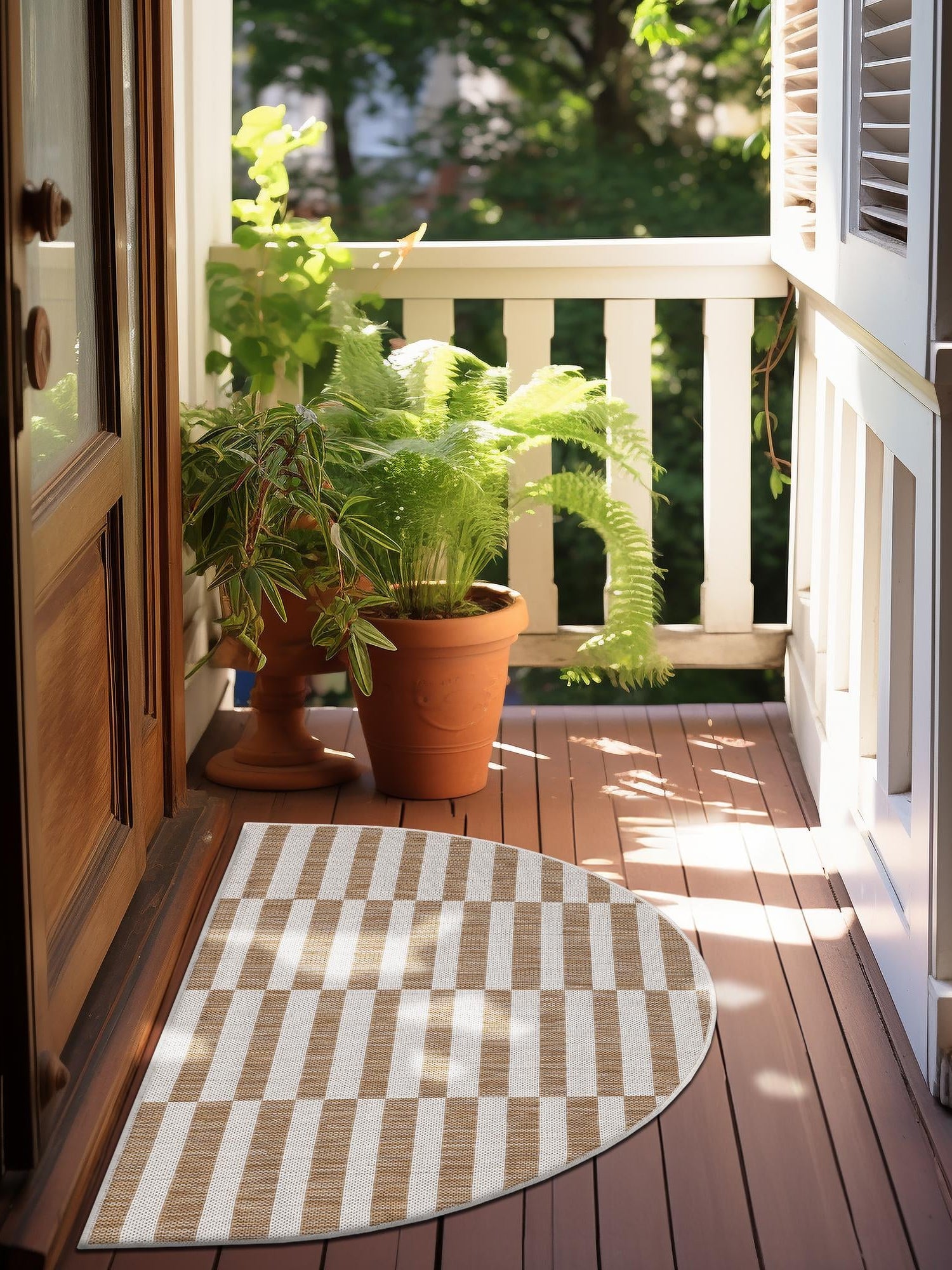 Taupe 3' 1 x 6' 1 Outdoor Striped Hearth Area Rug Weather Resistant for Patio, Deck, Terrace, Balcony, Porch