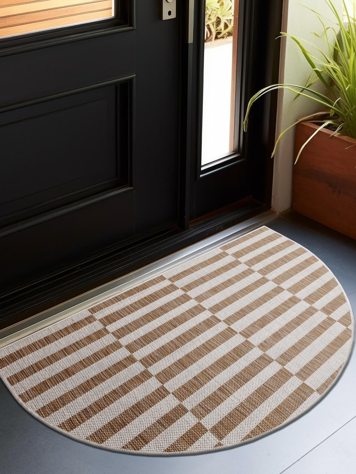 Taupe 3' 1 x 6' 1 Outdoor Striped Hearth Area Rug Weather Resistant for Patio, Deck, Terrace, Balcony, Porch