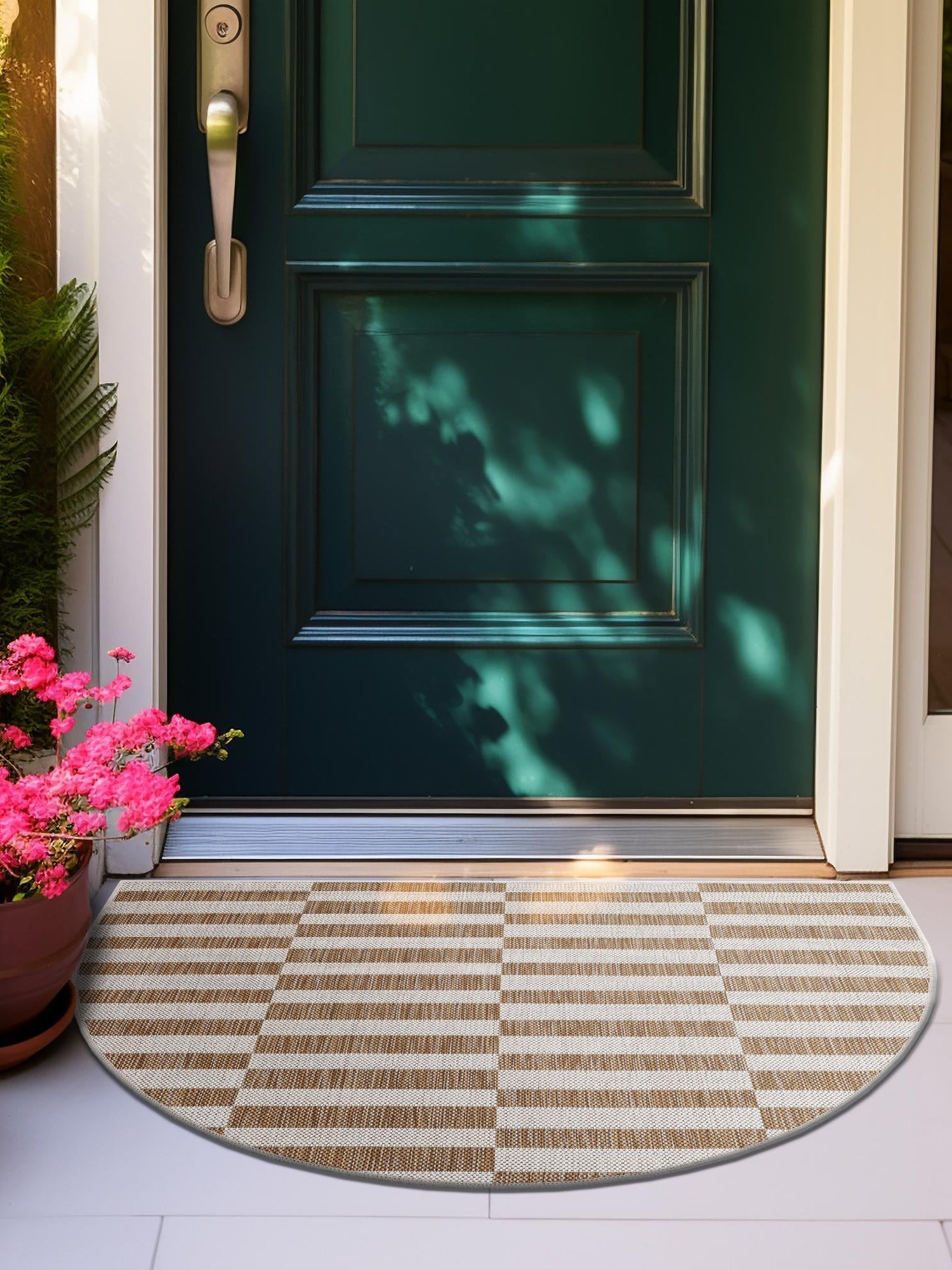 Taupe 3' 1 x 6' 1 Outdoor Striped Hearth Area Rug Weather Resistant for Patio, Deck, Terrace, Balcony, Porch