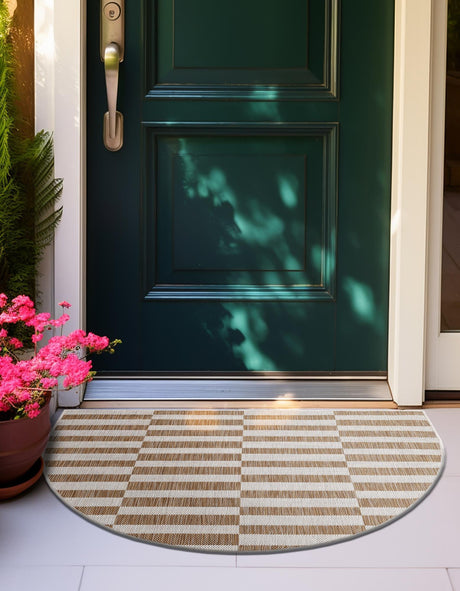 Taupe 3' 1 x 6' 1 Outdoor Striped Hearth Half-Round Semicircle Area Rug Weather Resistant for Patio, Deck, Terrace, Balcony, Porch Geometric Pattern Waterproof Carpet for Sale at Rug Engine