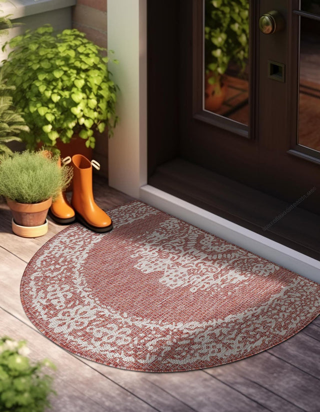 Rust Red 3' 1 x 6' 1 Outdoor Traditional Hearth Half-Round Semicircle Area Rug Weather Resistant for Patio, Deck, Terrace, Balcony, Porch Classical Design Outside Carpet for Sale at Rug Engine