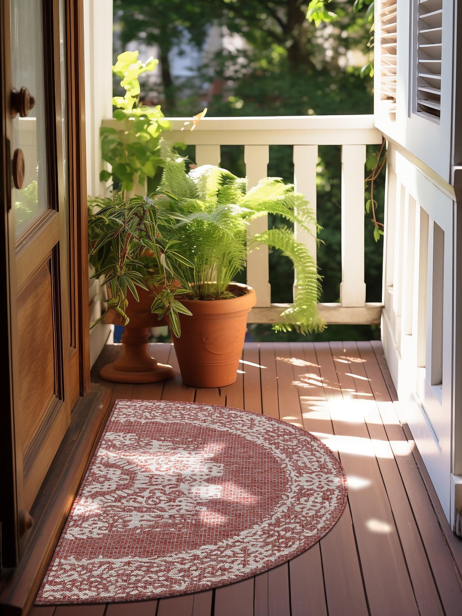 Rust Red 3' 1 x 6' 1 Outdoor Traditional Hearth Half-Round Semicircle Area Rug Weather Resistant for Patio, Deck, Terrace, Balcony, Porch Classical Design Outside Carpet for Sale at Rug Engine