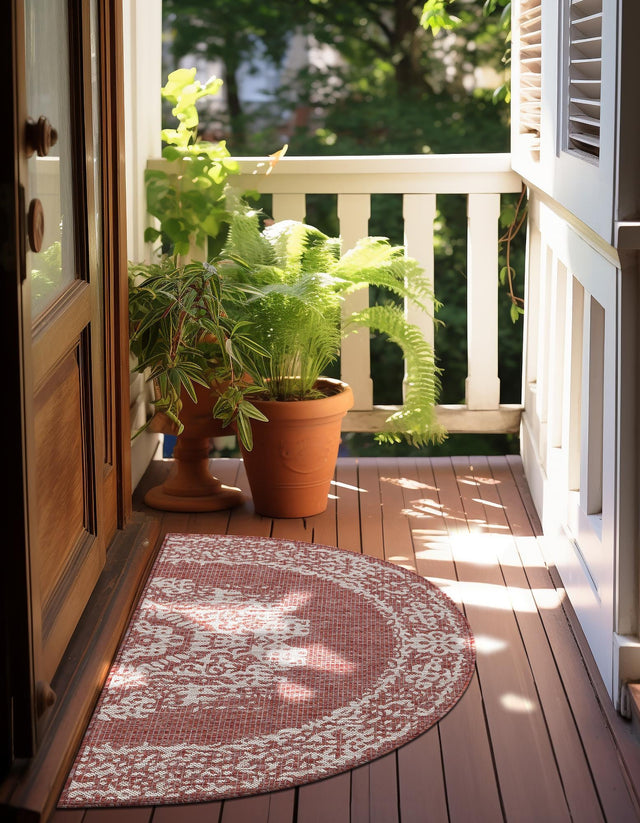 Rust Red 3' 1 x 6' 1 Outdoor Traditional Hearth Half-Round Semicircle Area Rug Weather Resistant for Patio, Deck, Terrace, Balcony, Porch Classical Design Outside Carpet for Sale at Rug Engine