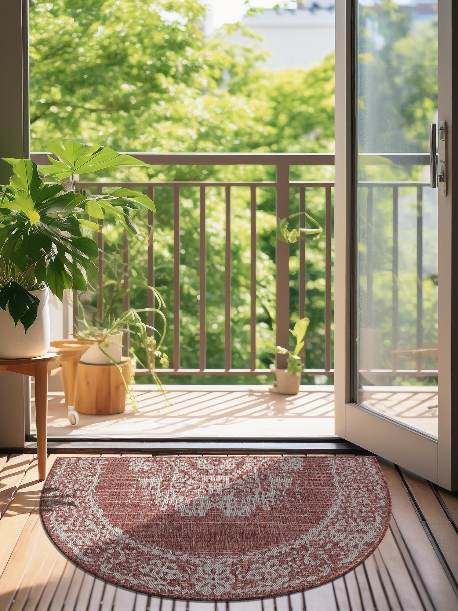 Rust Red 3' 1 x 6' 1 Outdoor Traditional Hearth Half-Round Semicircle Area Rug Weather Resistant for Patio, Deck, Terrace, Balcony, Porch Classical Design Outside Carpet for Sale at Rug Engine